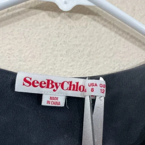 See By Chloe Size US 8 100% Silk Gray Tie Waist Dress Lined Sleeveless Flawed! - Picture 5 of 10
